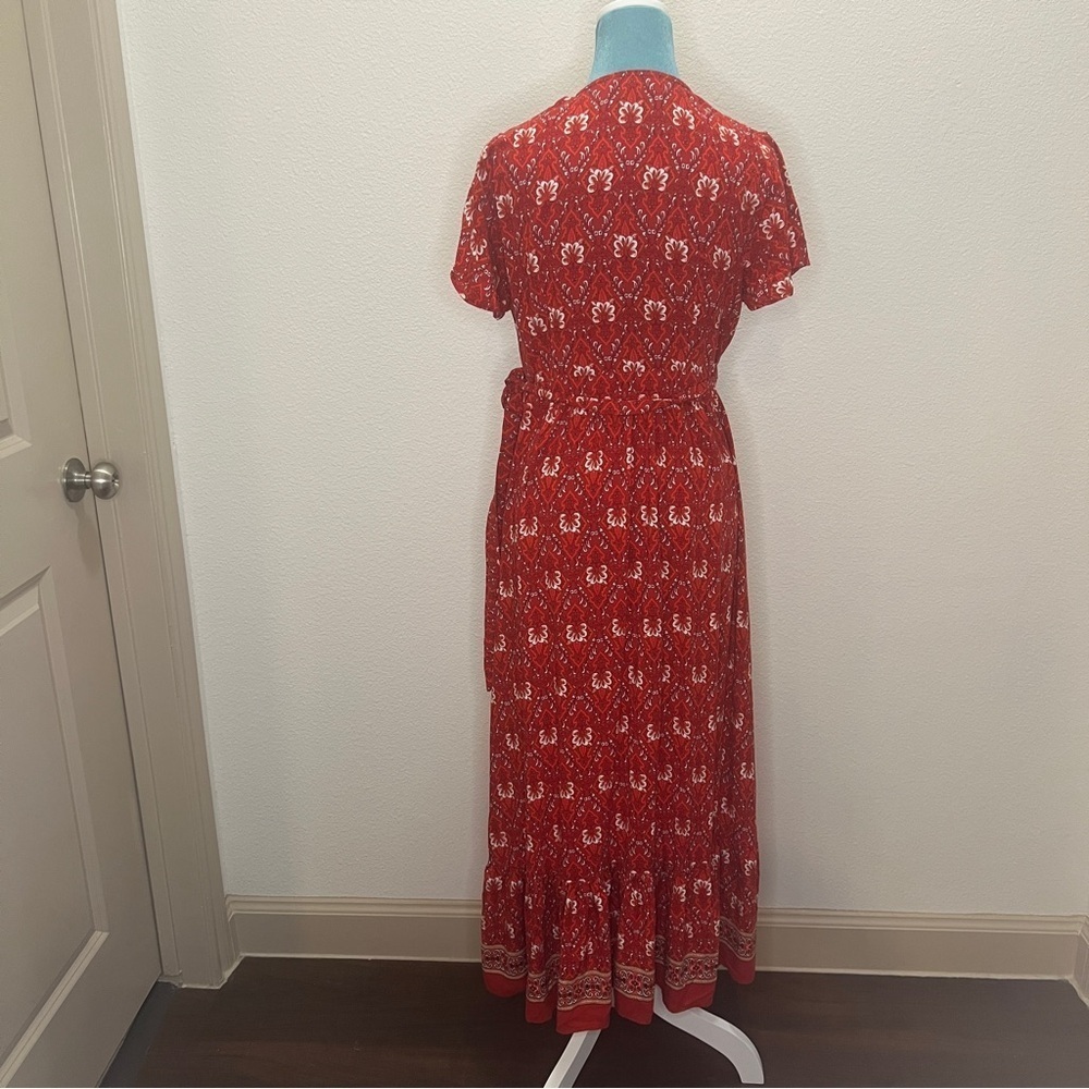Zesica Maxi wrap dress short sleeve ruffle Red Cream Large - Picture 6 of 6